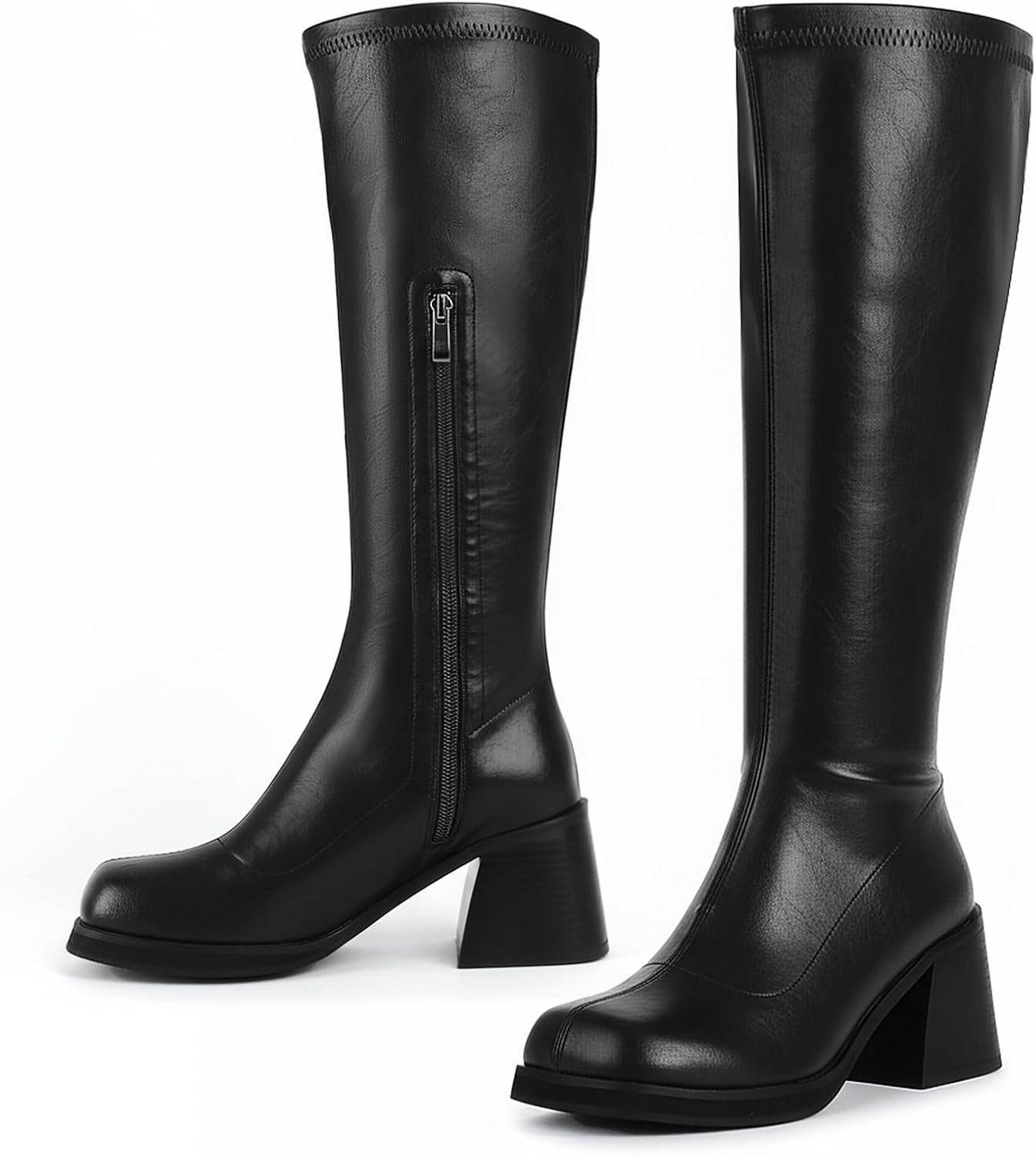 FIFSY Women's Stretchy Knee High Boots Chunky Block High Heeled Platform Boots Square Toe Tall Fashion Booties with Side Zipper