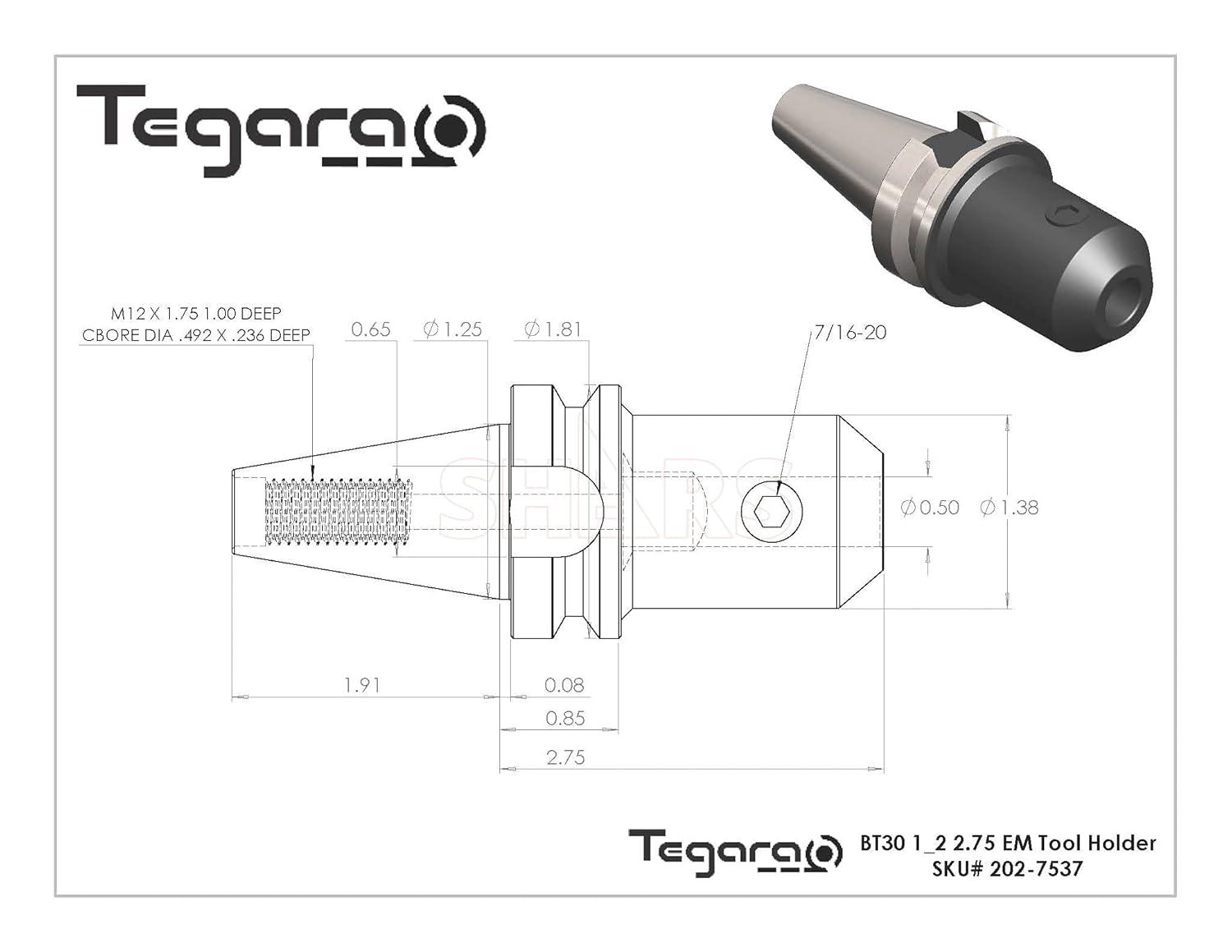 Tegara 1/2 x 2.75 inch BT30 End Mill Tool Holder 2 pcs 202-7537-2 P[
