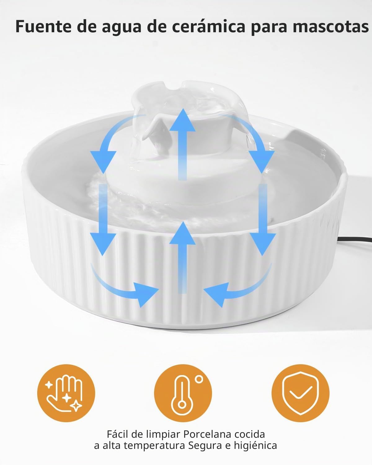 Fuente de agua para gatos de cerámica, fuente de agua de 2,1 L para gatos, dispensador de agua para gatos con 1 filtro y espuma y 1 bomba ultra silenciosa, blanco