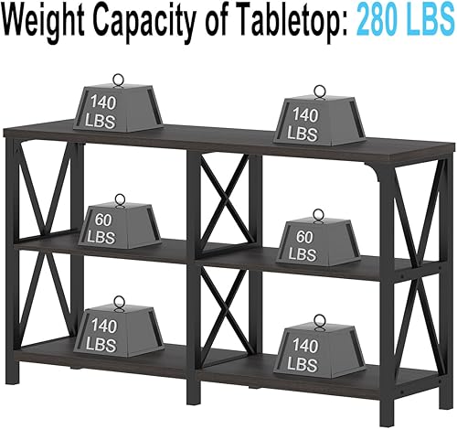 Miniatura 53 de IBF Mesa de entrada de granja, mesa consola larga rústica detrás del sofá, moderna mesa de sofá de madera de metal con estantes de almacenamiento,