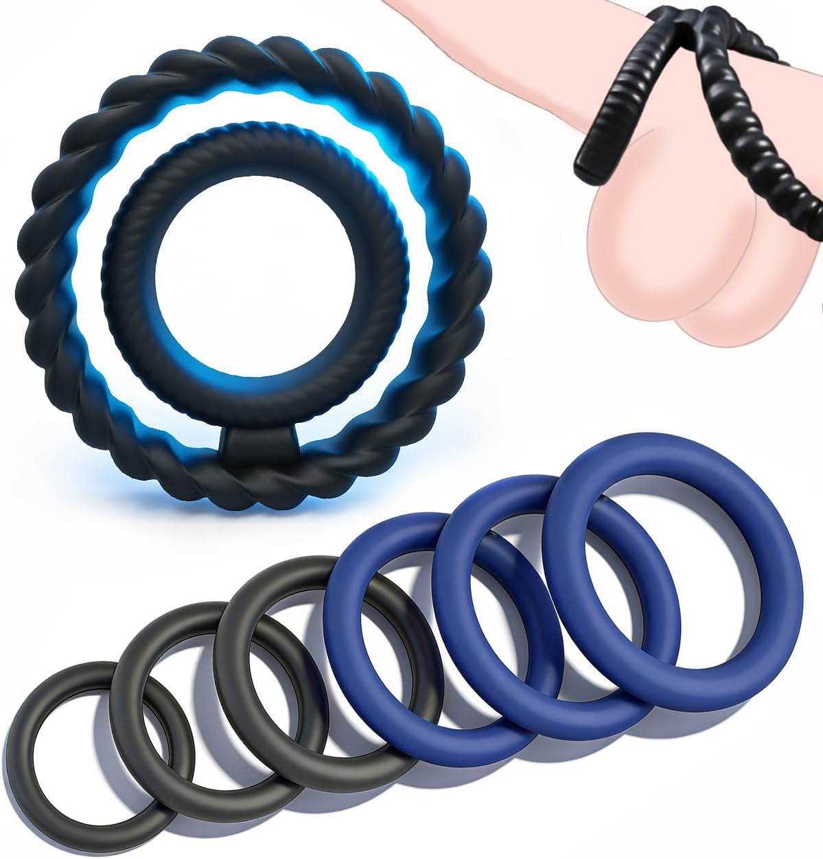 Cock Ring Silicone Penis Rings Set 7 PCS Men’s Cock Rings Penis Sleeve for Erection Enhancing Soft Stretchy Male Sex Toys Adult Toys Sexual Stimulation Device for Couples Pleasure (Black&Dark Blue)