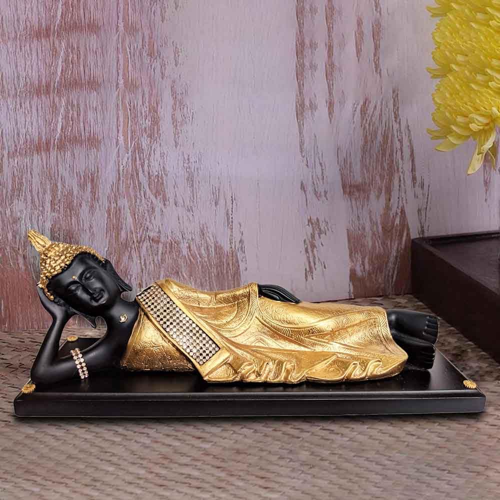 Antique Black Golden Sleeping Buddha on Wooden Base Showpiece(6 * 14 * 4 Inches)-image-15
