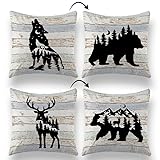 TUNW Vintage Wood Forest Wild Animals Bear Deer Wolf Reversible Throw Pillows Farmhouse Wildlife Cus