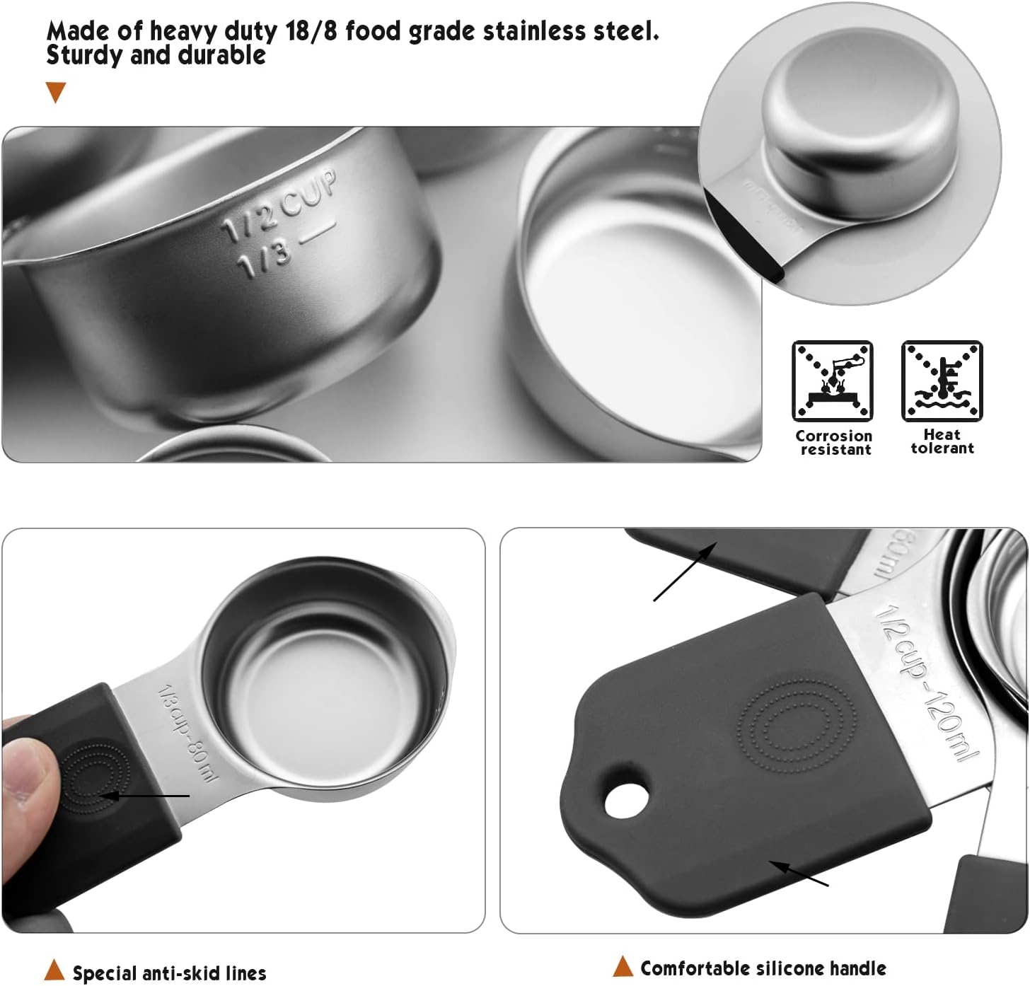 Magnetic Measuring Cups Set, 7 Pieces 18/8 Stainless Steel Stackable Nesting Heavy Duty Metal Measure Cups, Silicone Handle kitchen Tools for Dry and Liquid Ingredients, Dishwasher Safe (Black）