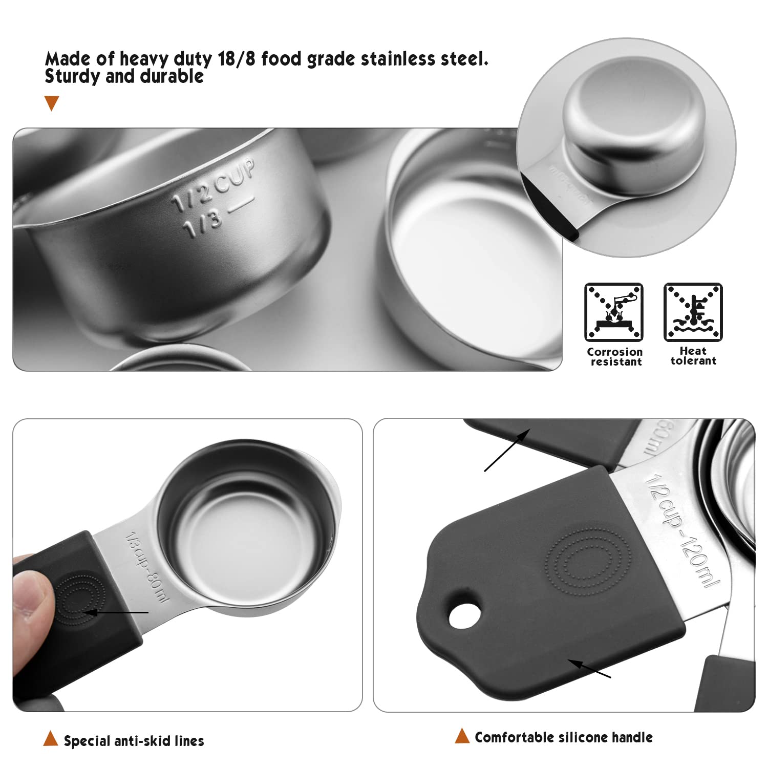 Magnetisches Messbecher-Set, 7-teilig, 18/8 Edelstahl, stapelbar, stapelbar, robust, Metall-Messbecher, Silikongriff, Küchenwerkzeuge für trockene und flüssige Zutaten, spülmaschinenfest (schwarz)