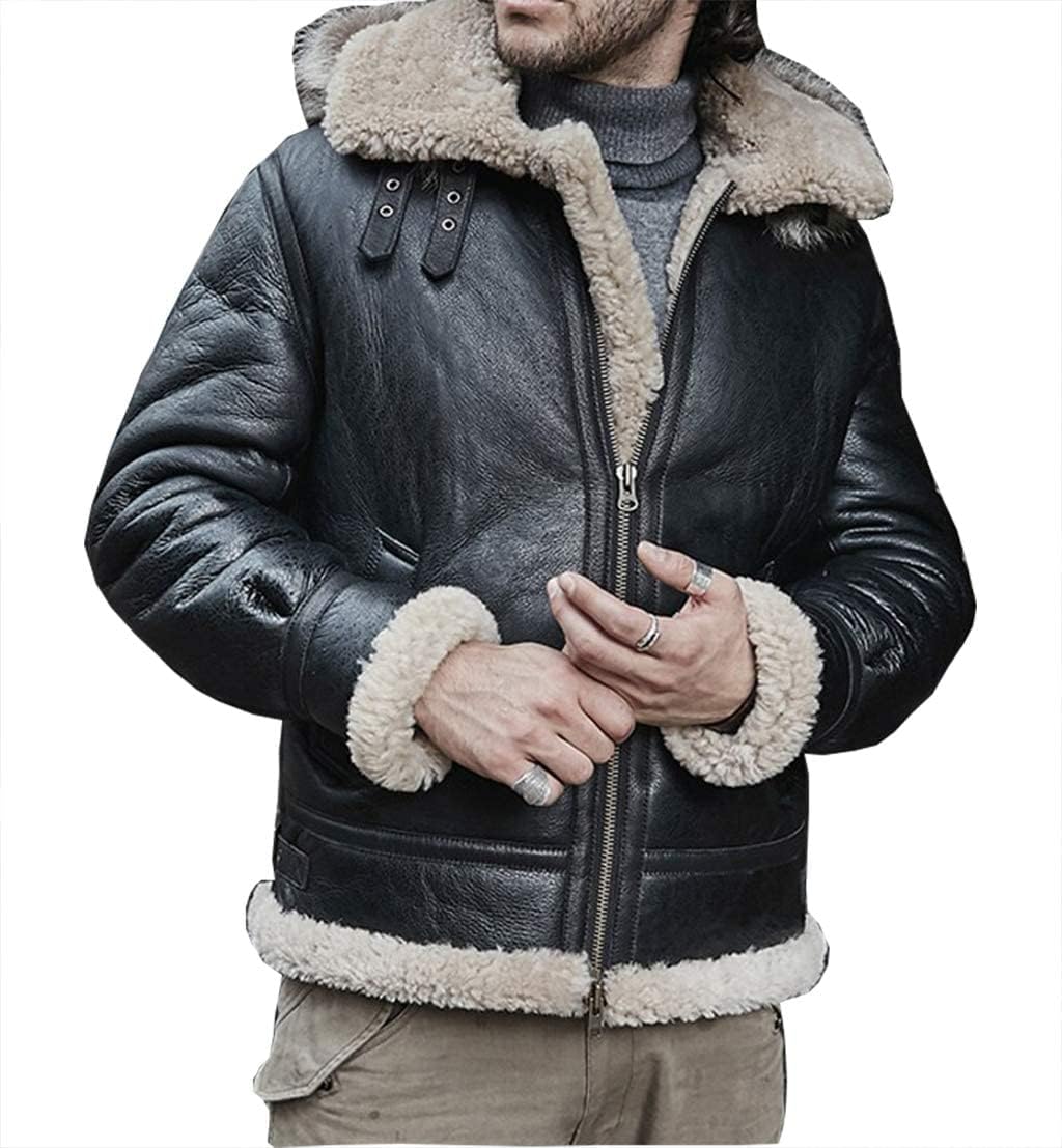 Men’s Shearling Sheepskin Detachable Hooded B3 Flying Raccoon Fur Collar Aviator Coat