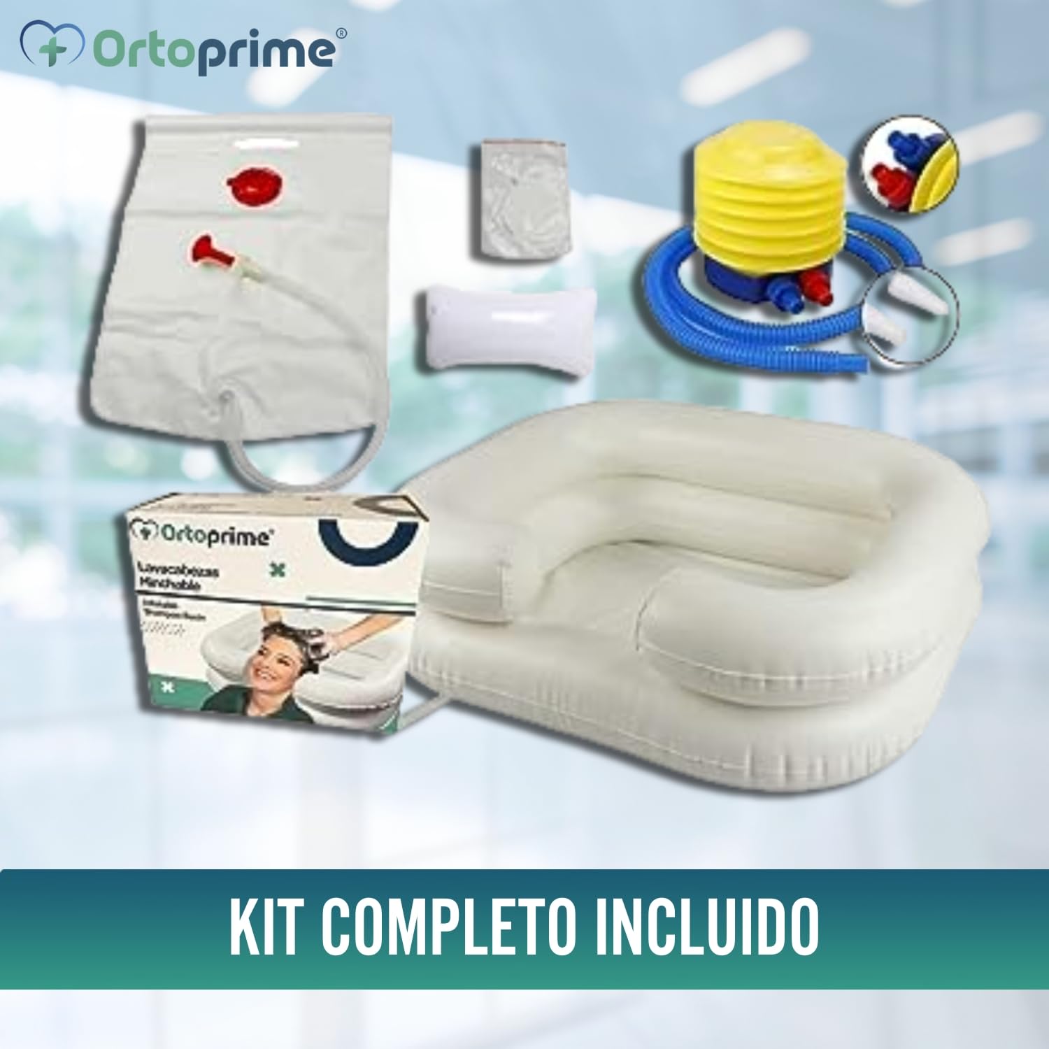OrtoPrime Lavacabezas Hinchable para Cama KIT COMPLETO con tubo de Drenaje y Bolsa - Ortopedia Lavacabezas Portátil PELUQUERÍA y HOGAR con Hinchador - Lavabo de Cabello Bañera Hinchable para Cama