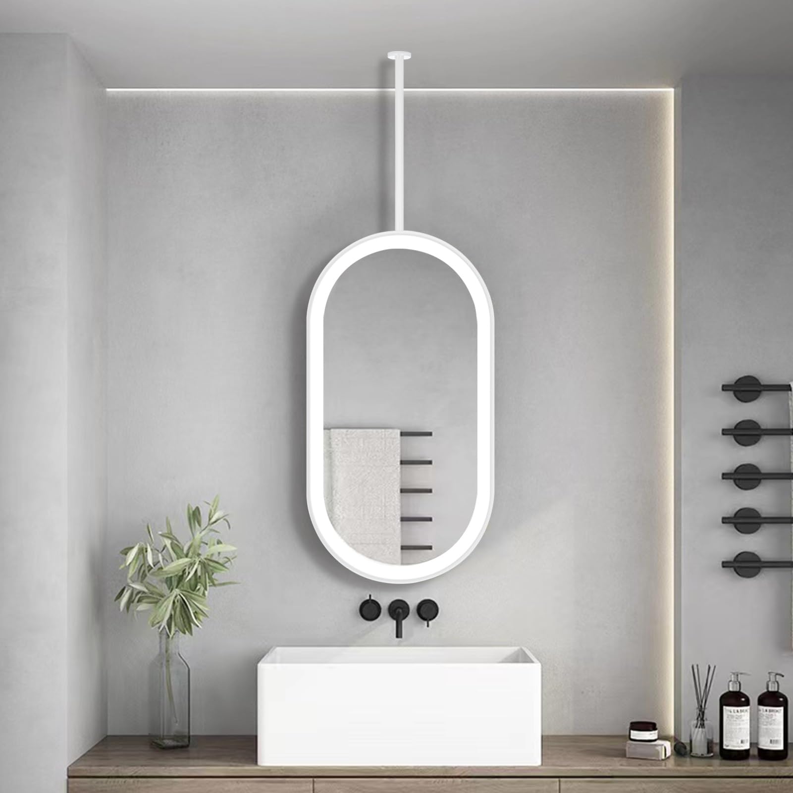 ITOSUI LED Bathroom Hanging Mirror with Rods, Metal Framed Decorative Mirrors for Home or Hotel, Oval Ceiling Mounted Vanity Makeup Mirror - 3 Colors Dimmable(40cmx70cm)