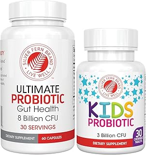 Silver Fern Brand Family Probiotics – Probiótico para adultos (1 botella = 60 cápsulas) más probiótico para niños (1 botella = 30 masticables) – Salud intestinal y apoyo para microbiomas