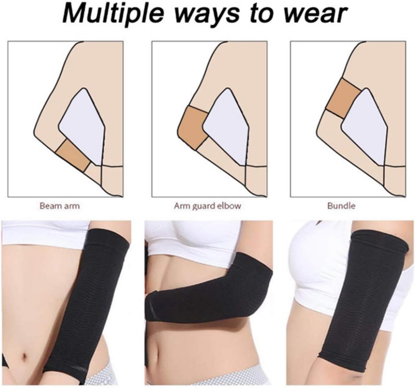 Dzrige 2 Pairs Slimming Arm Sleeves Elastic Arm Compression Arm Sleeve Cover Fashionable Breathable Upper Arms Sleeves for Women Upper Arm Compression Weight loss Slim Arms Shape, Black and Flesh