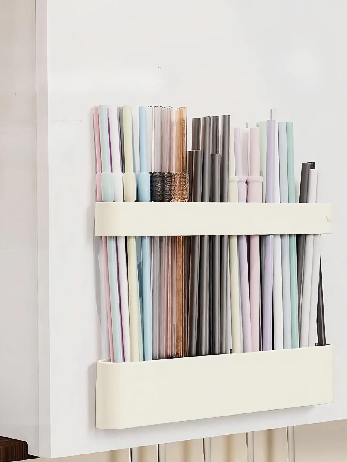 Silicone Straw Holder for Cabinet with Double Sided Adhesive Tape, Reusable Tumbler Straw Storage Organizer for Cabinet Counter Fridge Kitchen Door, No Drill Adhesive Mount & Adjustable Height (Beige)