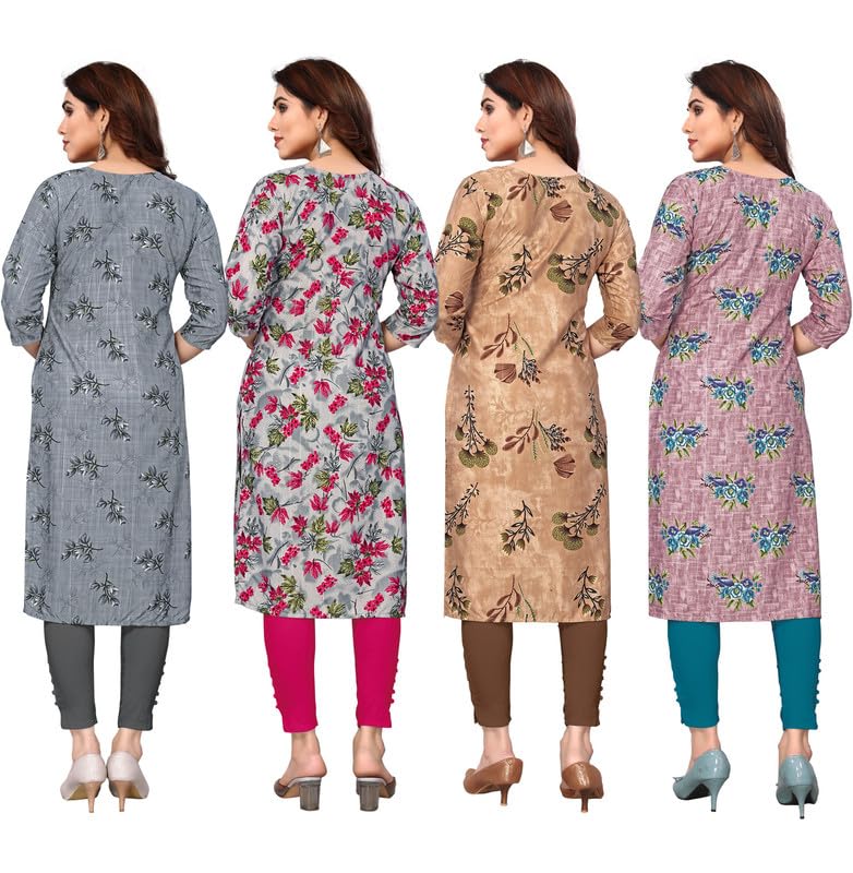 Image of JAKHANA Women's Crepe Printed Casual Straight Calf Length Round Nick Kurta Pack of 4