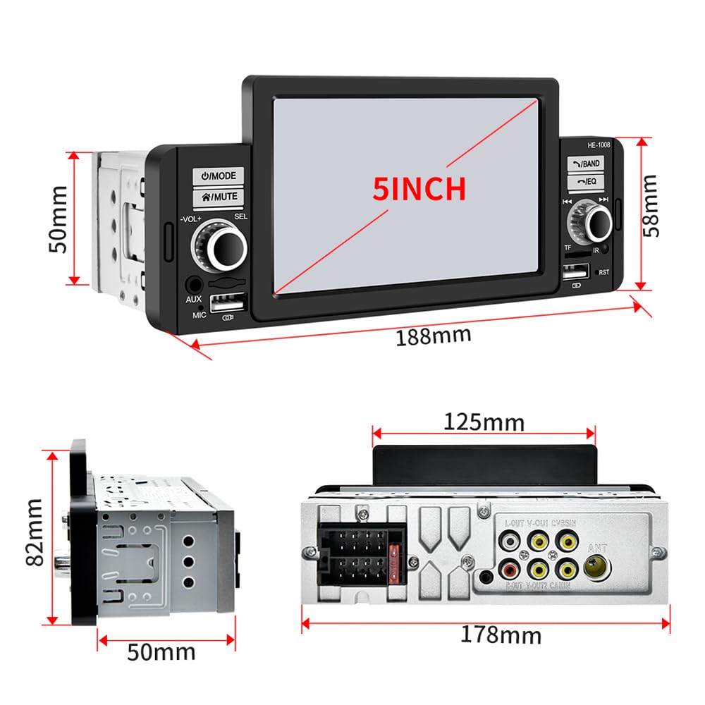 Radio para coche de 1 Din y 5 pulgadas para Carplay y Android Auto, reproductor Mp5 para coche con pantalla táctil, Mirror Link, BT/SD/USB/Aux, cámara de visión trasera de 4 LED, control remoto