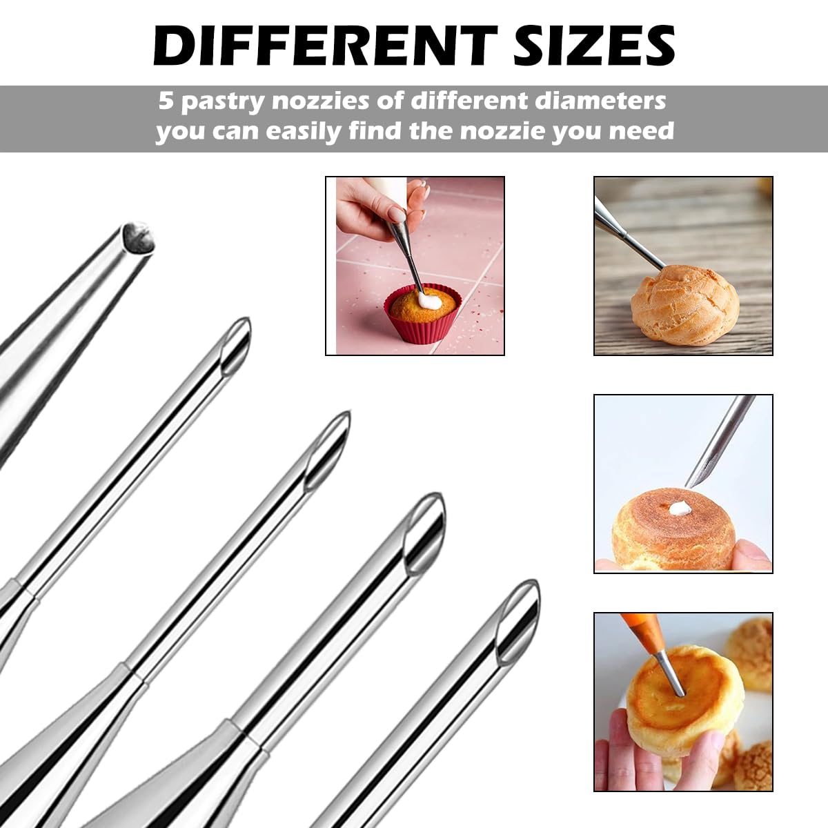 Lot De 4 Douilles De Remplissage, Longues Douilles à Douille, 5 Mm Et 6 Mm, Seringue En Acier Inoxydable, Seringue à Beignets Pour Confiture, Douille De Remplissage Pour Pâtisserie, Cupcakes, Puffs