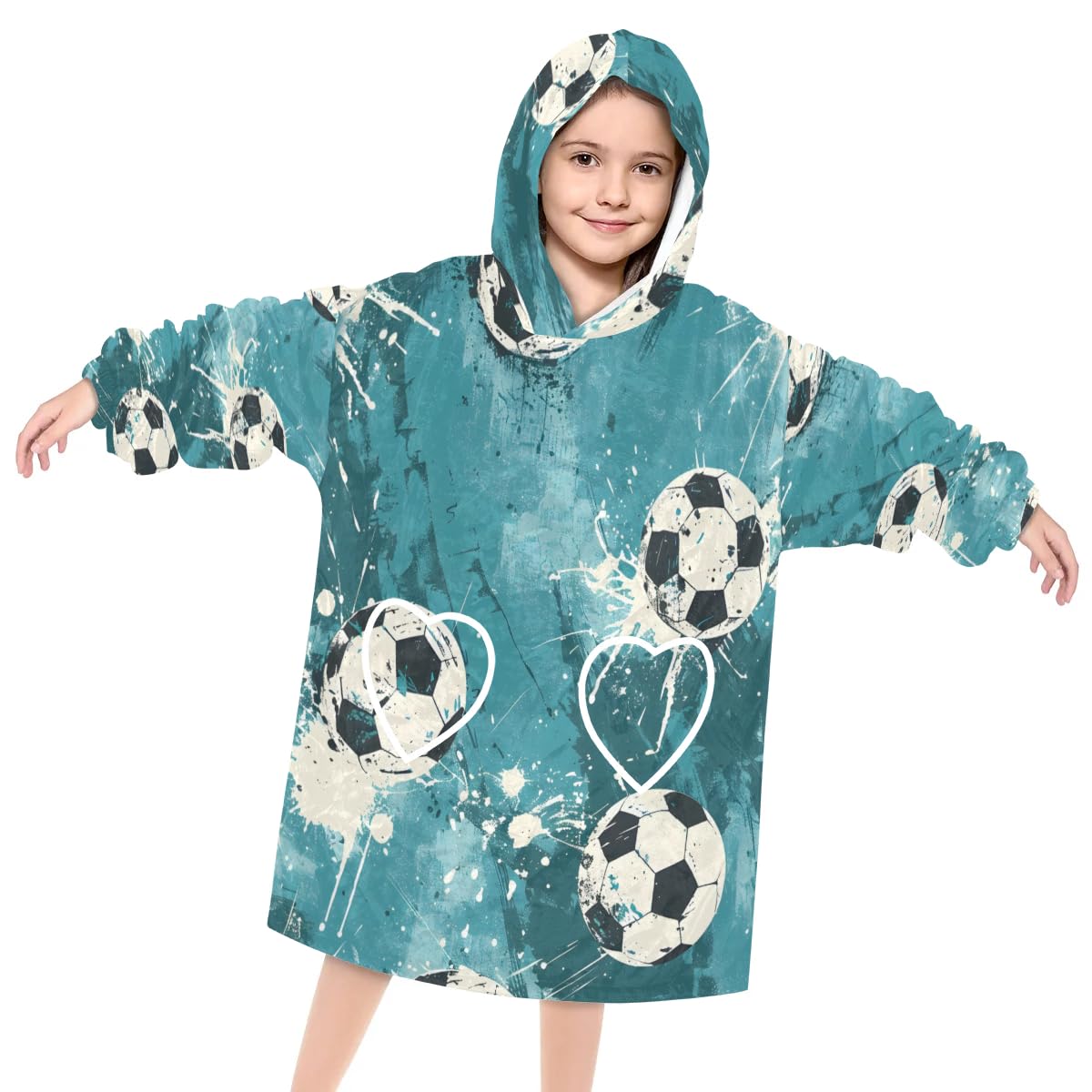 Pardick Wearable Blanket Hoodie for Kids, Soccer Fleece Sweatshirt Blanket Oversized Blanket Sweatshirt with Pocket Flannel Warm Hooded Blanket 6-10 Year Old Girl Boy Gift, One Size