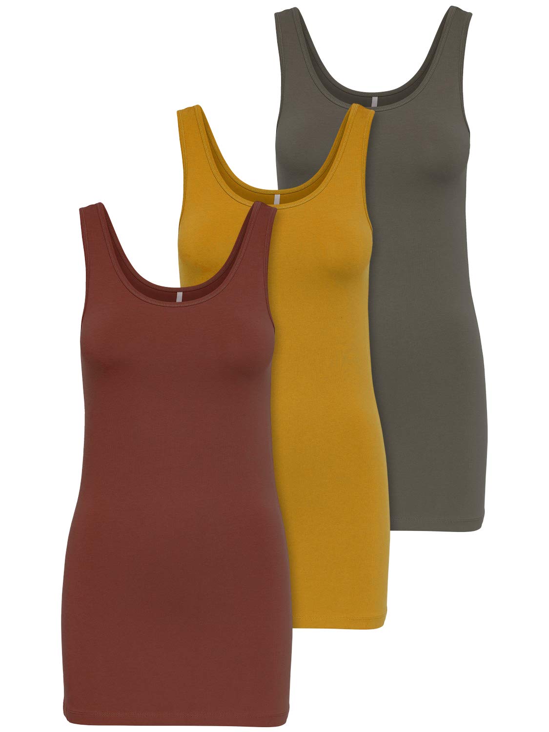 Only Pack de 3 Camisetas de Tirantes Mujer, en Blanco, Negro, Gris, Azul y Crema, Camisetas largas básicas para Verano 15201465