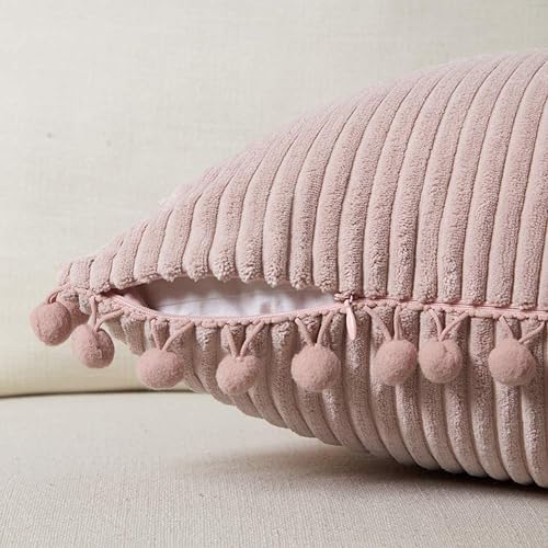 Miniatura 3 de Fancy Homi - Paquete de 2 fundas de cojines, de pana suave y decorativas, con pompones, cuadradas, de color liso, fundas de cojines para sofá,