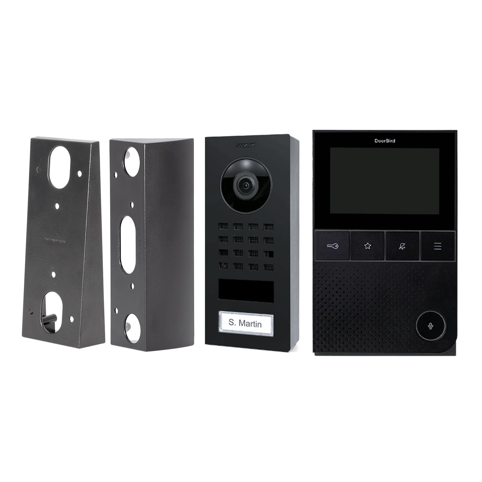 DoorBird D11 Business-Set | Set aus Video-Türsprechanlage in Graphitschwarz, Video-Innenstation in Schwarz und Wandmontageadaptern