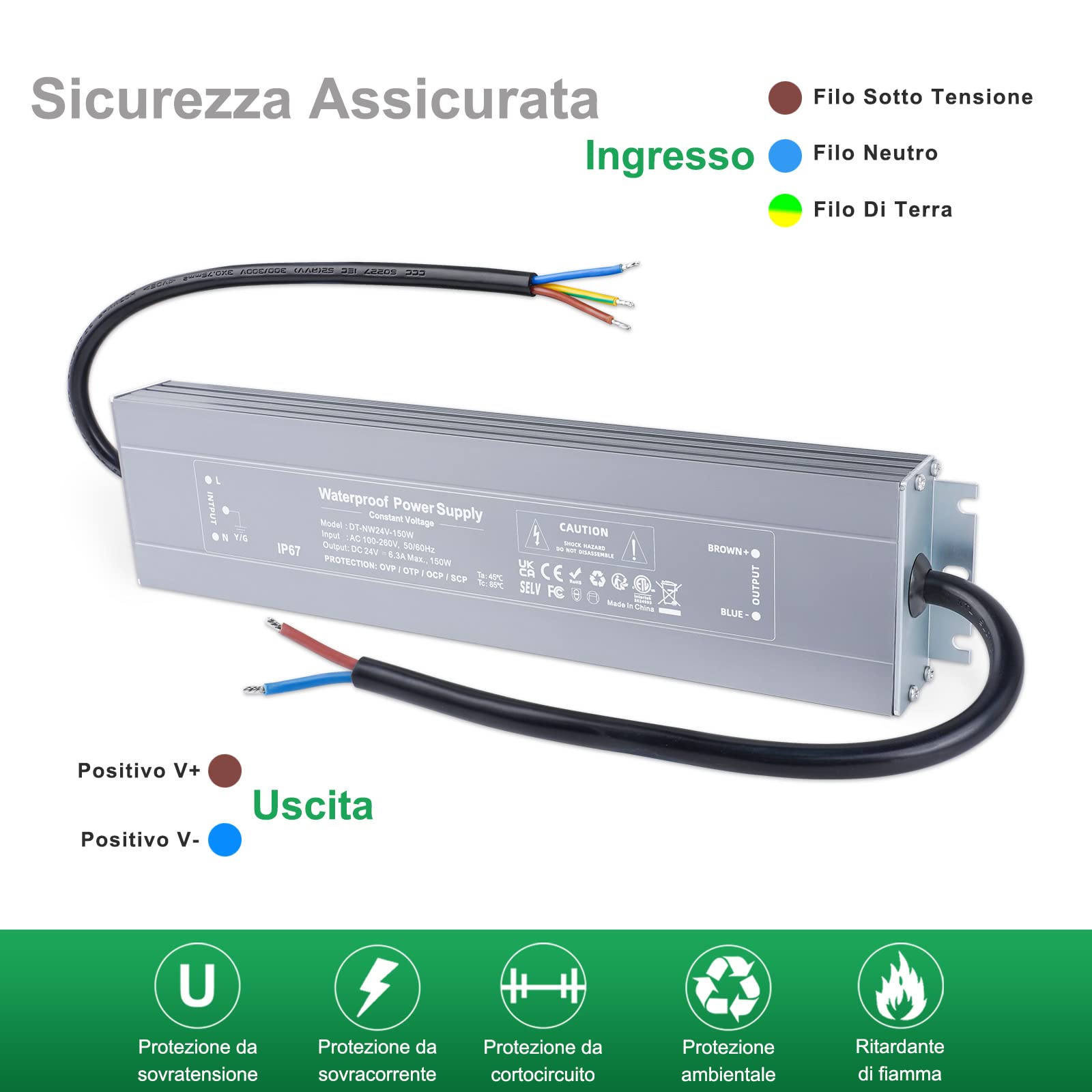 REYLAX Trasformatore LED 24V 150W Alimentatore 6.25A Impermeabile IP67 Driver LED AC 100-260V a DC 24V Trasformatori da Esterno Adattatore Led a Tensione Costante Power Supply Bassa Tensione