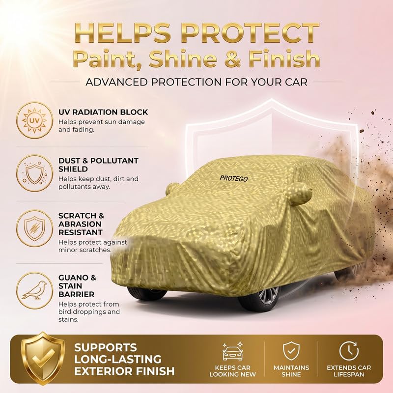 Image of PROTEGO All Weather Protection Car Cover for Ameo | Anti Dust, 100% Waterproof, Custom Fit, Multi-Layered, Elastic Grip, Buckle Hook with Mirror Pocket | (Gold)