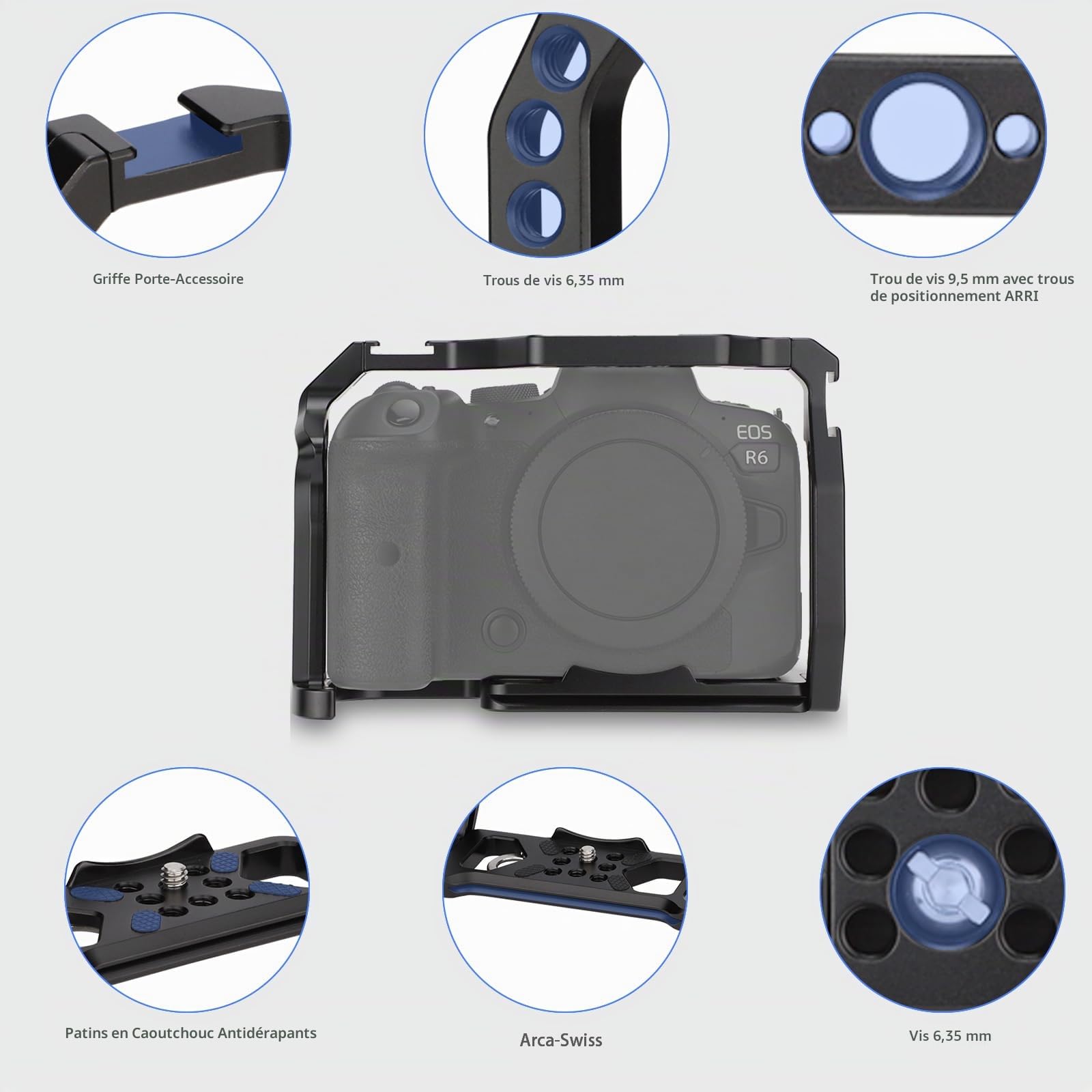 Cage complète pour appareil photo Canon R5 R6 sans miroir, extension de montage de microphone, support de lumière, accessoires de filmage avec griffe
