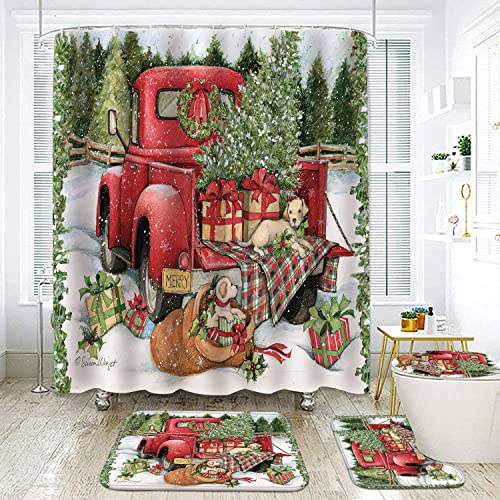 RLHHUG Red Truck and Gifts Shower Curtain Sets with Rugs, Waterproof Durable Premium Curtains 72x72In with Hooks and Toilet Mat and Lid Cover for Bathroom Decor
