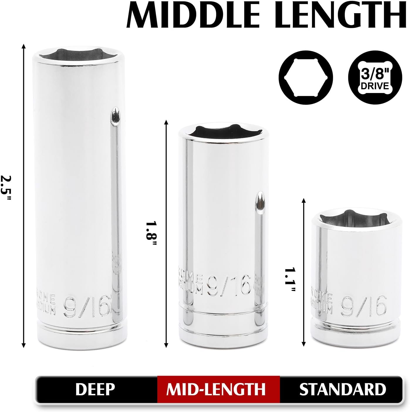 MIXPOWER 3/8" Drive Mid-Length Socket Set with Storage Rails, 11-Piece, 6 Point, 1/4"-7/8”, CR-V, SAE, Semi-Deep Socket Set