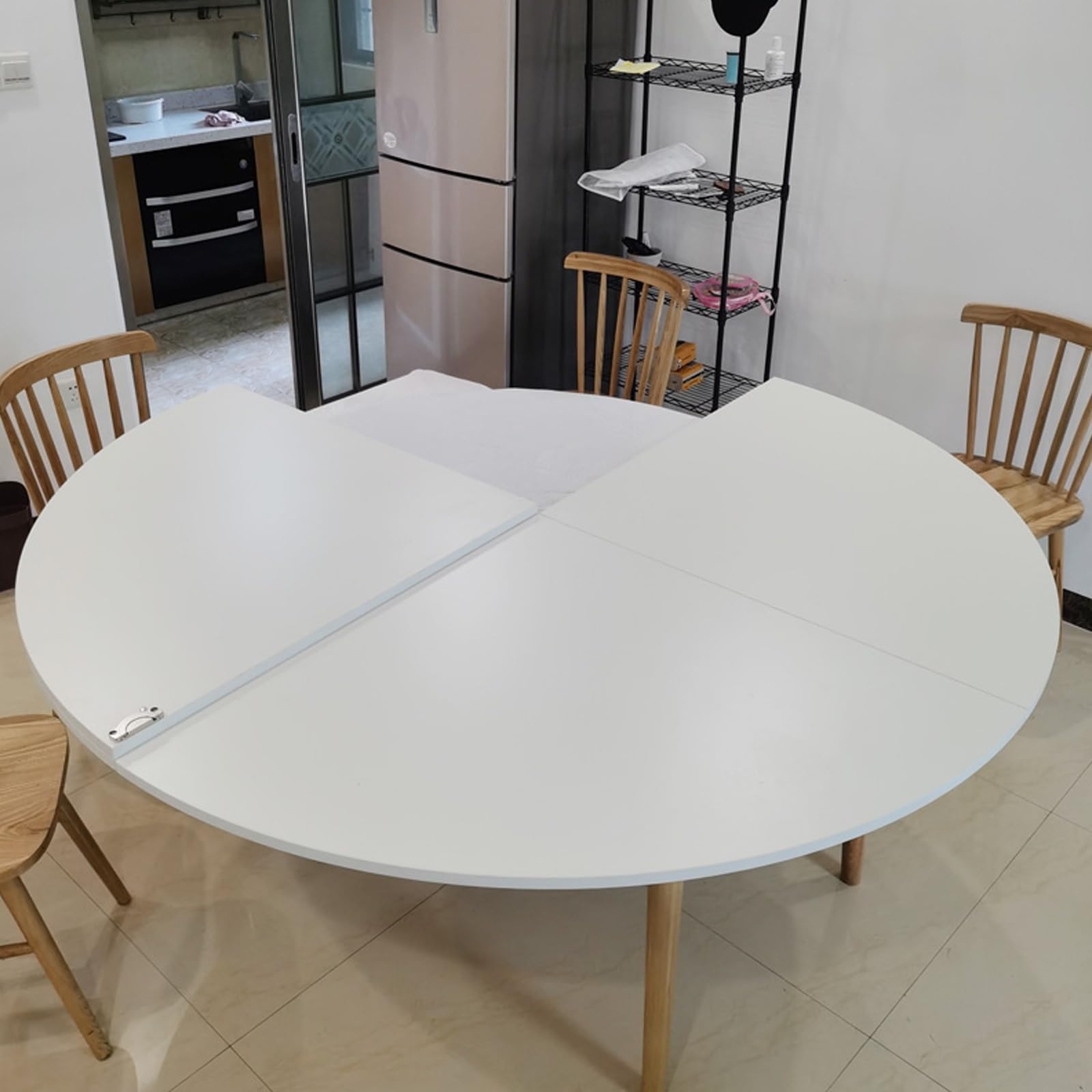 Rozszerzalny okrągły składany stół o średnicy 120 cm dla 620 osób, przenośny drewniany blat na bankiety, imprezy, bez nóg (biały 170 cm)