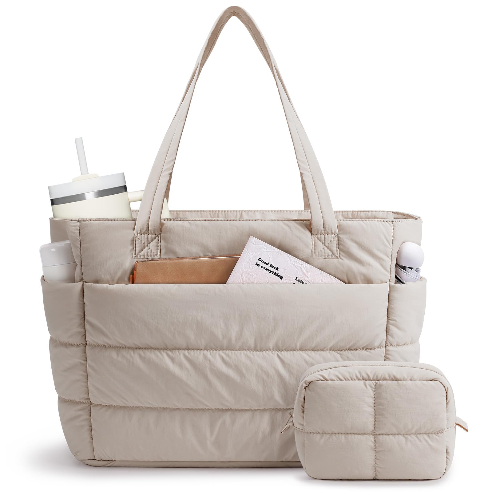 Narwey Puffer Tote Bag for Women Puffy Work Nurse Teacher Tote Bag Quilted Shoulder Bag for Travel Gym