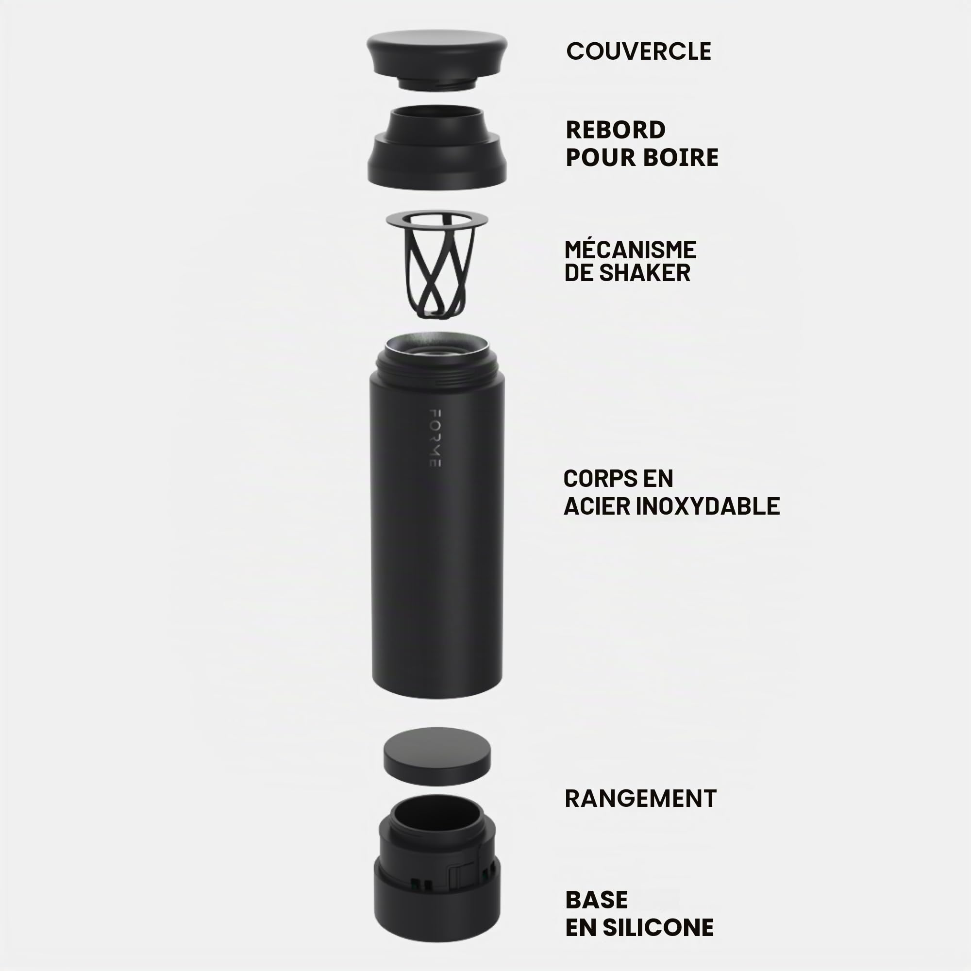 FORME - Bouteille shaker blender, étanche à double isolation en acier inoxydable, bouteille shaker silencieuse pour boissons chaudes et froides avec stockage de suppléments, idéale pour les protéines