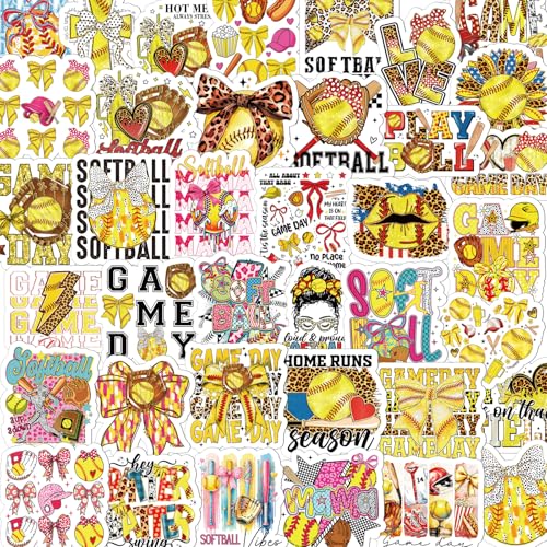 Vemfare Softball Bow Stickers for Adults - 100 Pcs Coquete Sports Water Bottle Stickers Cute Motivational Waterproof Scrapbook Sticker Vinyl Decals for Luggage Laptop Journal