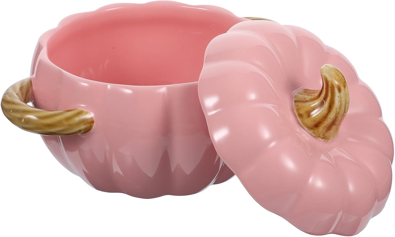 KICHOUSE Ceramic Pumpkin Shaped Steamed Soup Bowl with Lid Double Handle Kitchen Stew Pot for Food Serving Thanksgiving Halloween Pink