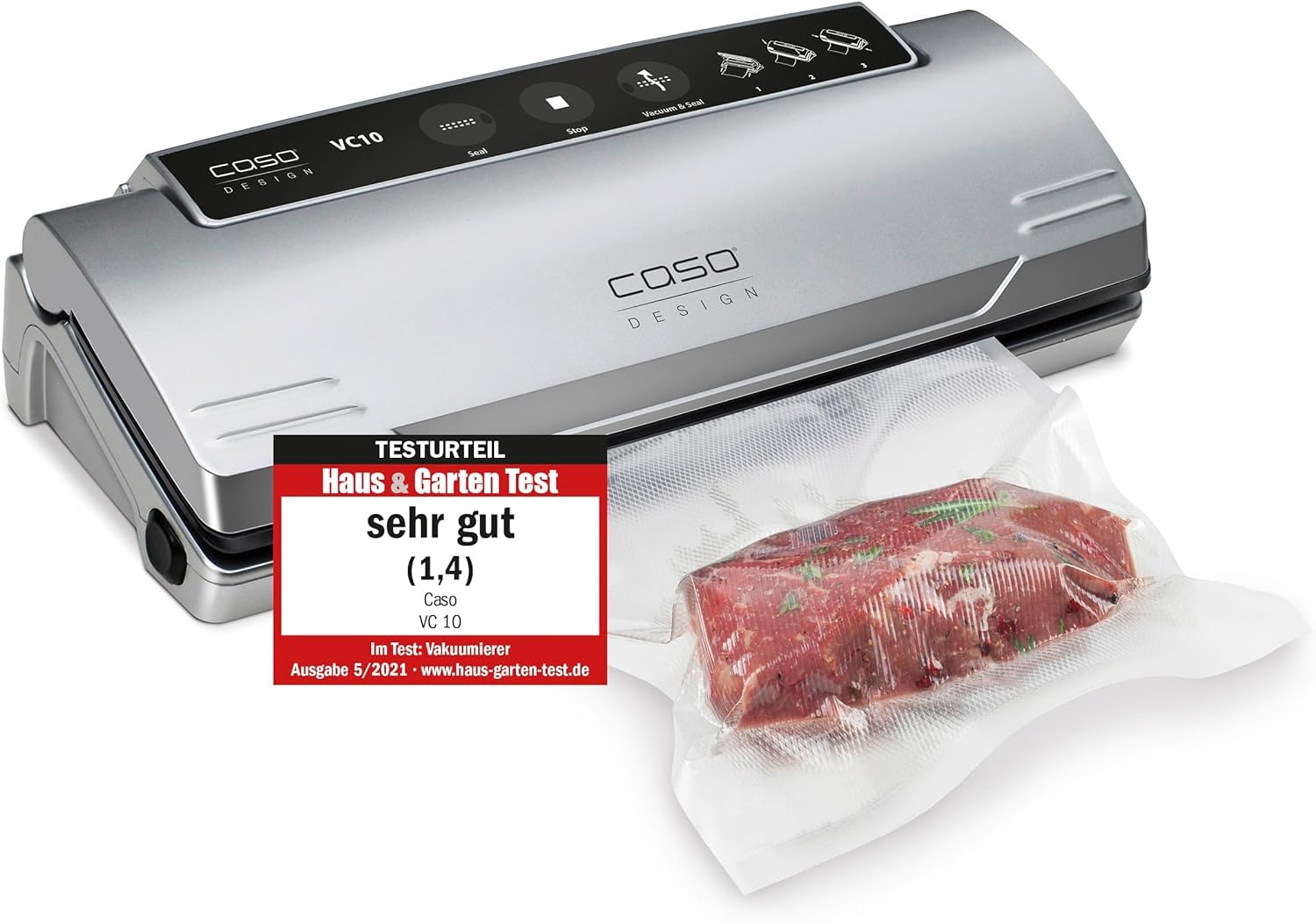 CASO SV400 Sous Vide Stick, für Behälter bis 20l Volumen, 25-90°C in 0,5°C Schritten, IPX7 & VC10 Vakuumierer - Vakuumiergerät, 30cm lange & stabile Schweißnaht, inkl. 10 Profi-Folienbeutel