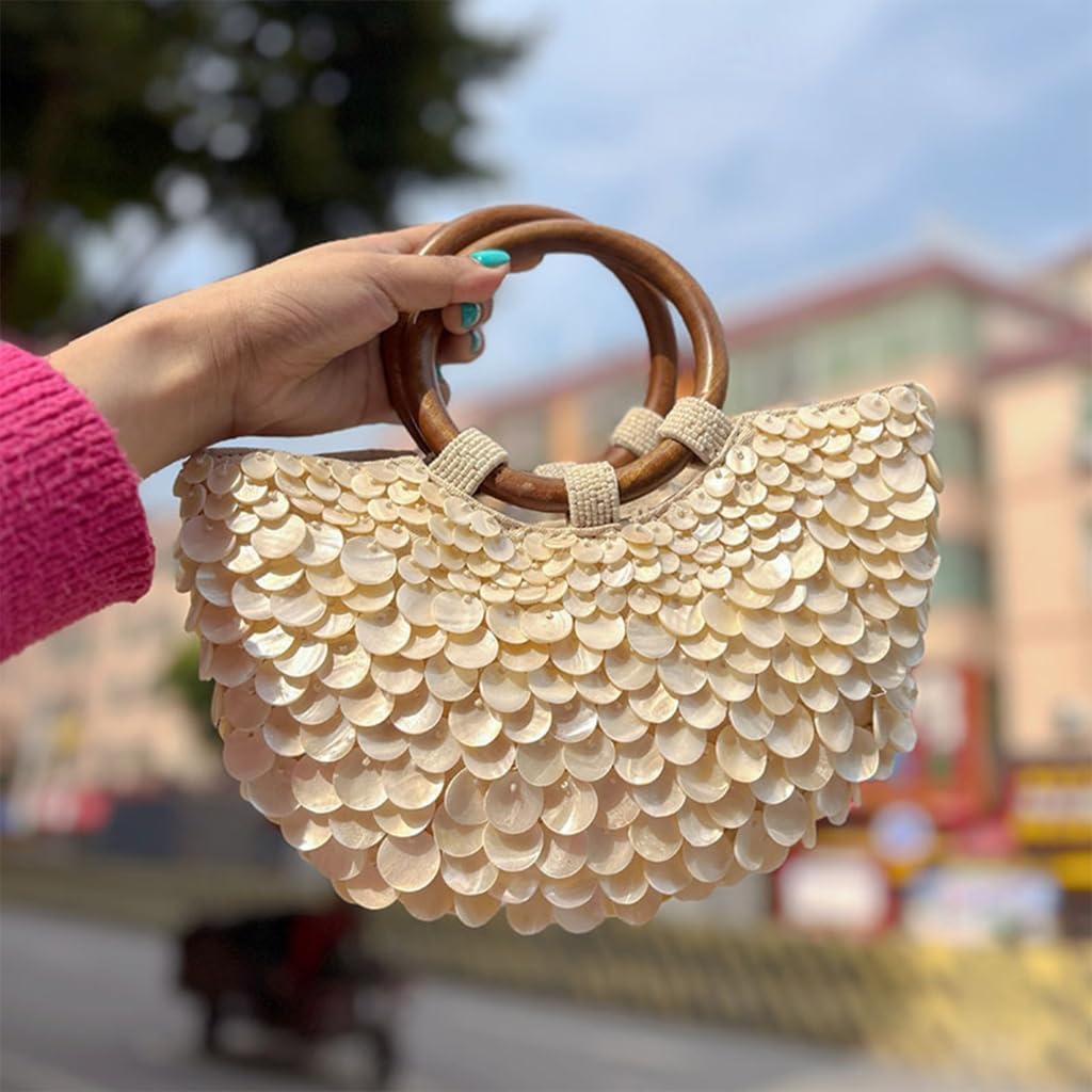 Handmade Shell Beach Clutch Bag, Single-sided Beaded Summer Beach Evening Bag Purse, Wooden Top Round Handle, Seashell Clutch Handbag, for Women Travel Party Wedding - Image 3