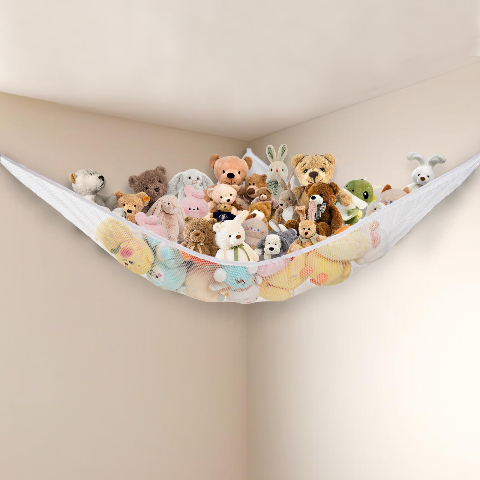 Powkoo White Stuffed Animal Net Hammock Corner Large Toy Storage Organizer Holder Plushies Stuffy Storage Hammock For Kids Baby Nursery Bedroom Playroom Home Wall Room Decor (White)
