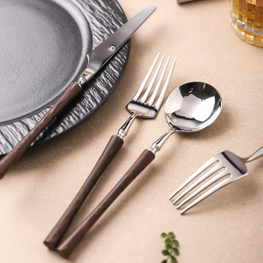Rieort Ensemble d'argenterie Manche en Bois Couteau Fourchette cuillère 1/2/3 pièces Ensemble de Couverts fourchettes à dîner en Acier Inoxydable Service de Table rétro réutilisable