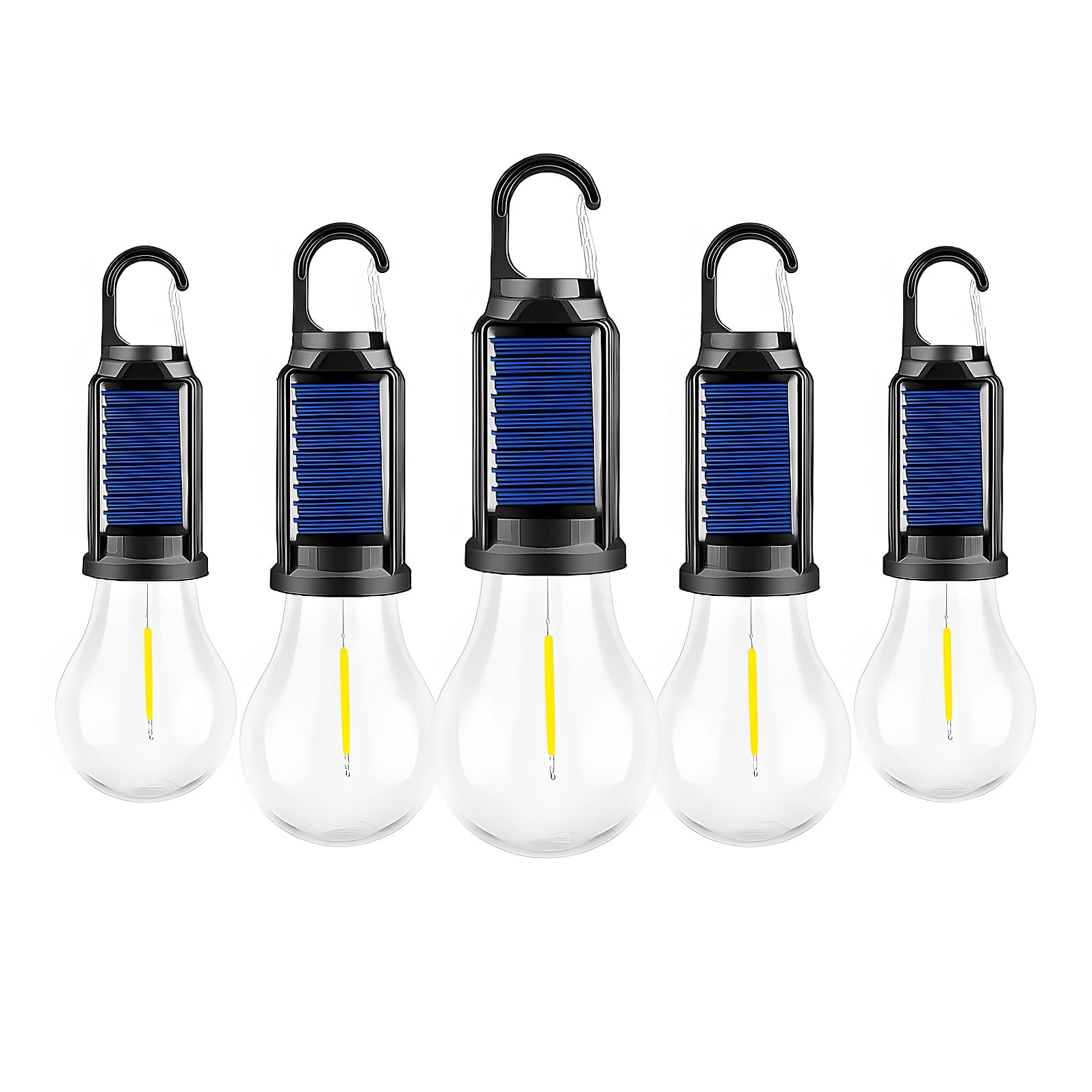 Paquete de 5 luces solares recargables para tienda de campaña, linterna LED para acampar al aire libre con gancho de clip para decoración de camping, senderismo, pesca, emergencia, linterna