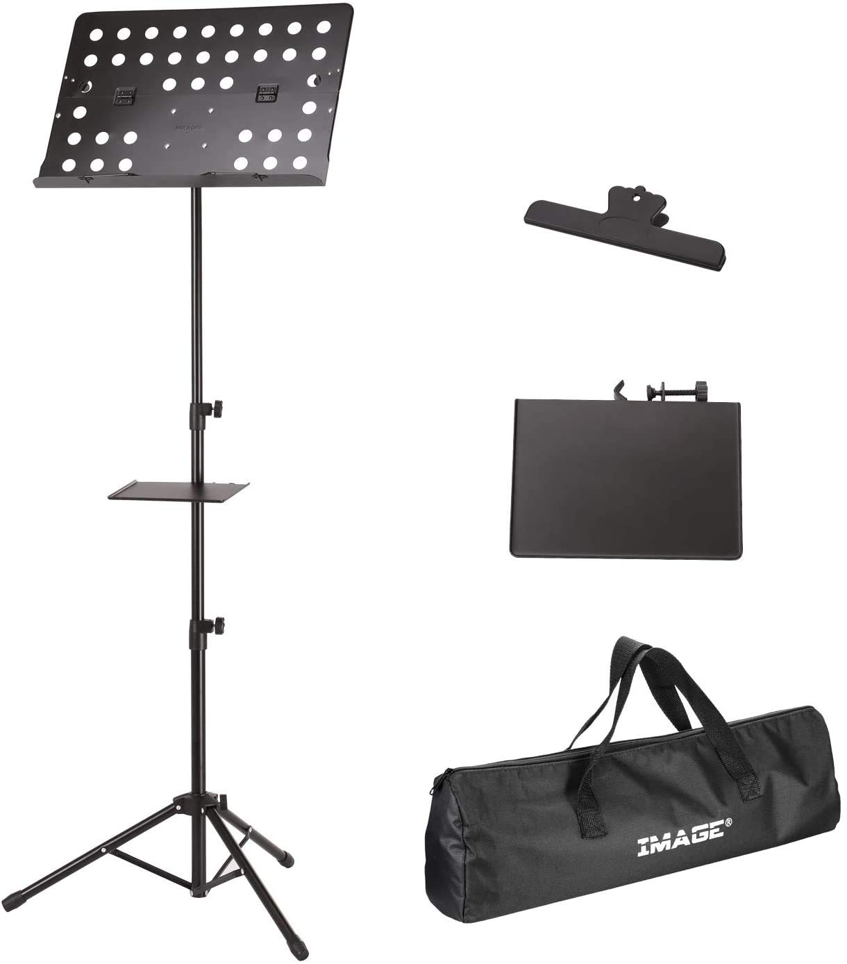 IMAGE Notenständer Metall Klappbar Notenhalter stabiler Musik Stativ mit Tragetasche, Professioneller tragbarer perforierter Notenständer, schwarz