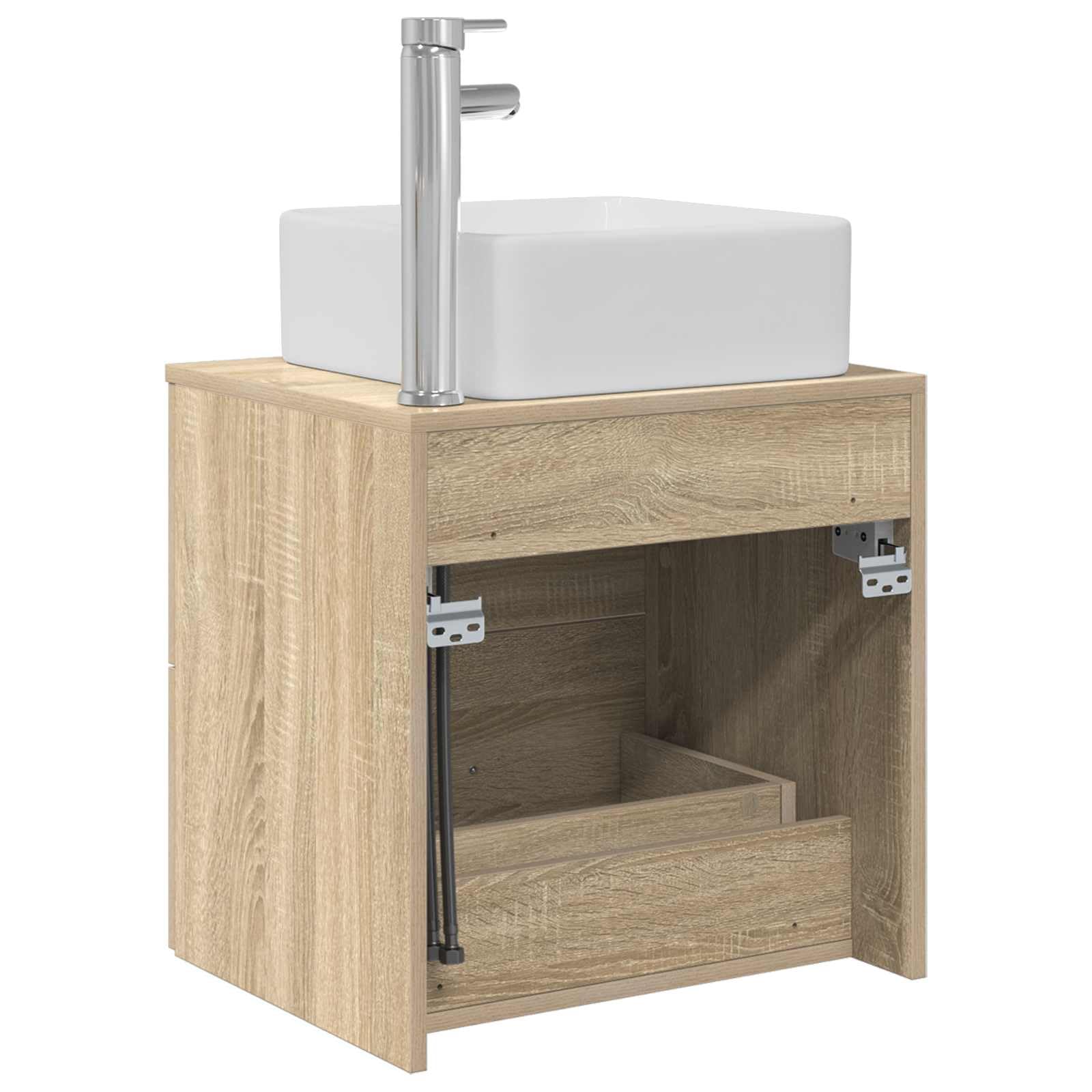 Lavabo da parete in rovere Sonoma con lavandino, 53 x 34,5 x 63 cm, mobile da bagno in legno con cassetti, ripiano e maniglie argentate, per ospiti WC e bagno
