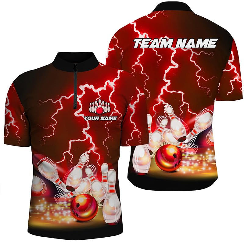 Herren & Damen Bowling Polo & Quarter Zip Shirts Custom Rot Blitz Donner Bowling Team Jersey, Geschenk für Bowler T150