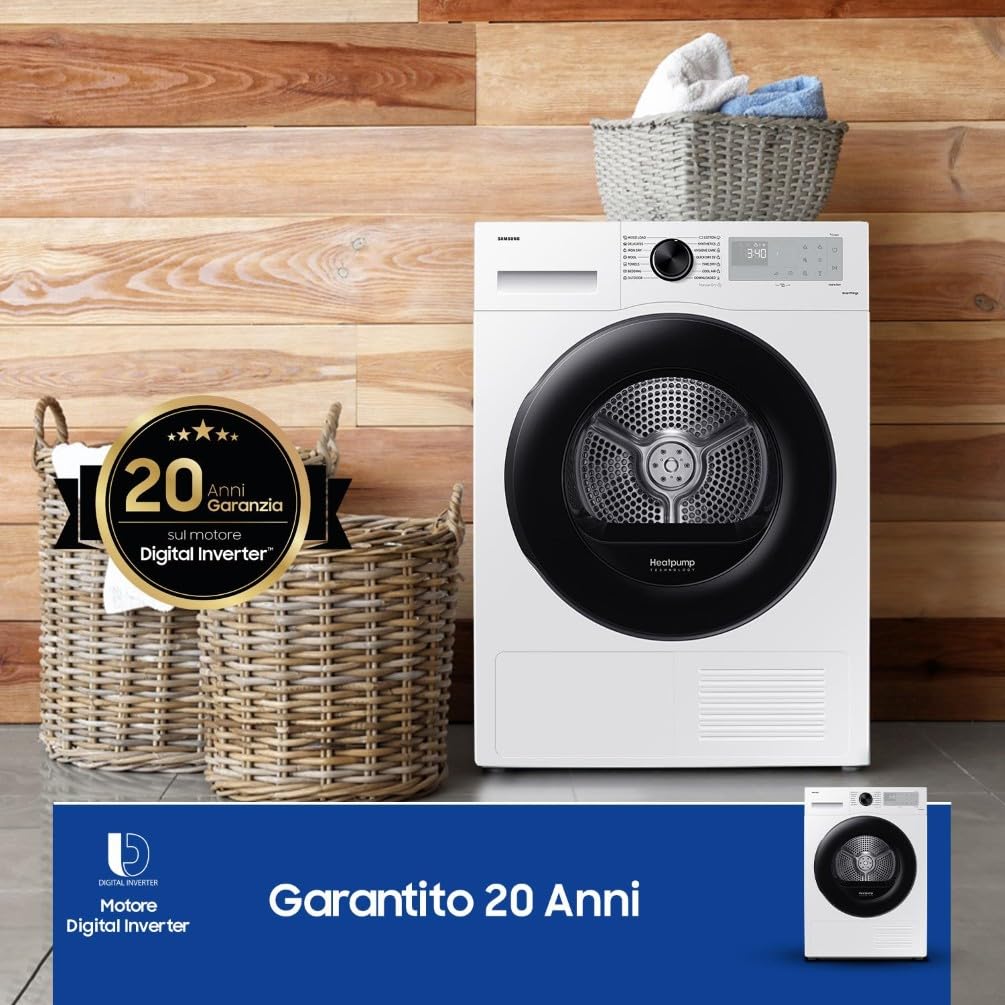 Samsung Asciugatrice Crystal EcoDry DV90CGC2A0AH/ET, 9 kg, Pompa di Calore, Wifi, Sensore Optimal Dry, Filtro 2 in 1, Carica Frontale, 60L x 85H x 62P cm