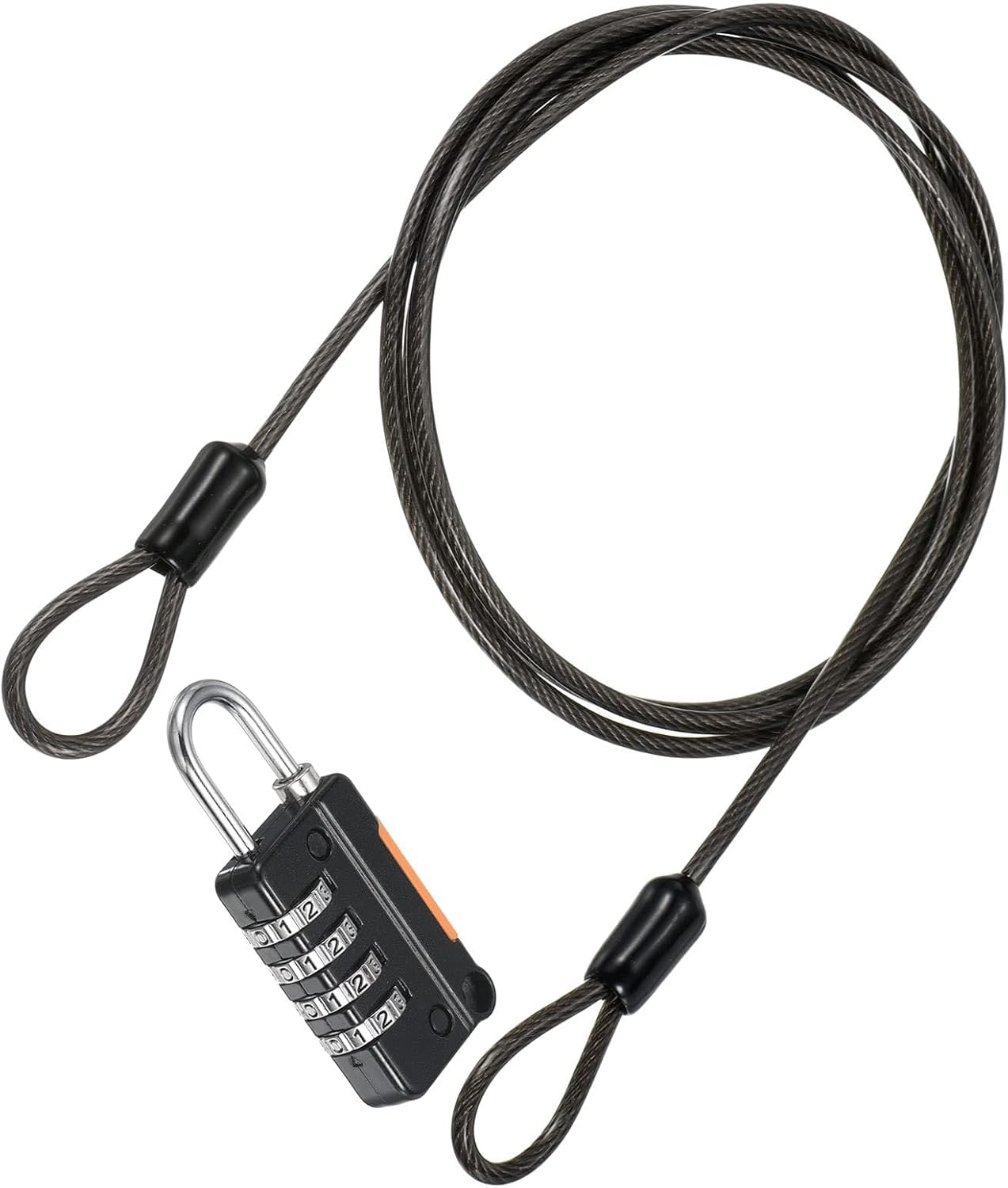 TOP-VIGOR Security Steel Cable with 4 Digit Combination Lock, 3Ft Coated Safety Wire Rope Double Loop Padlock, Flexible Security Cable Luggage Lock for Outdoor Travel Luggage, Black