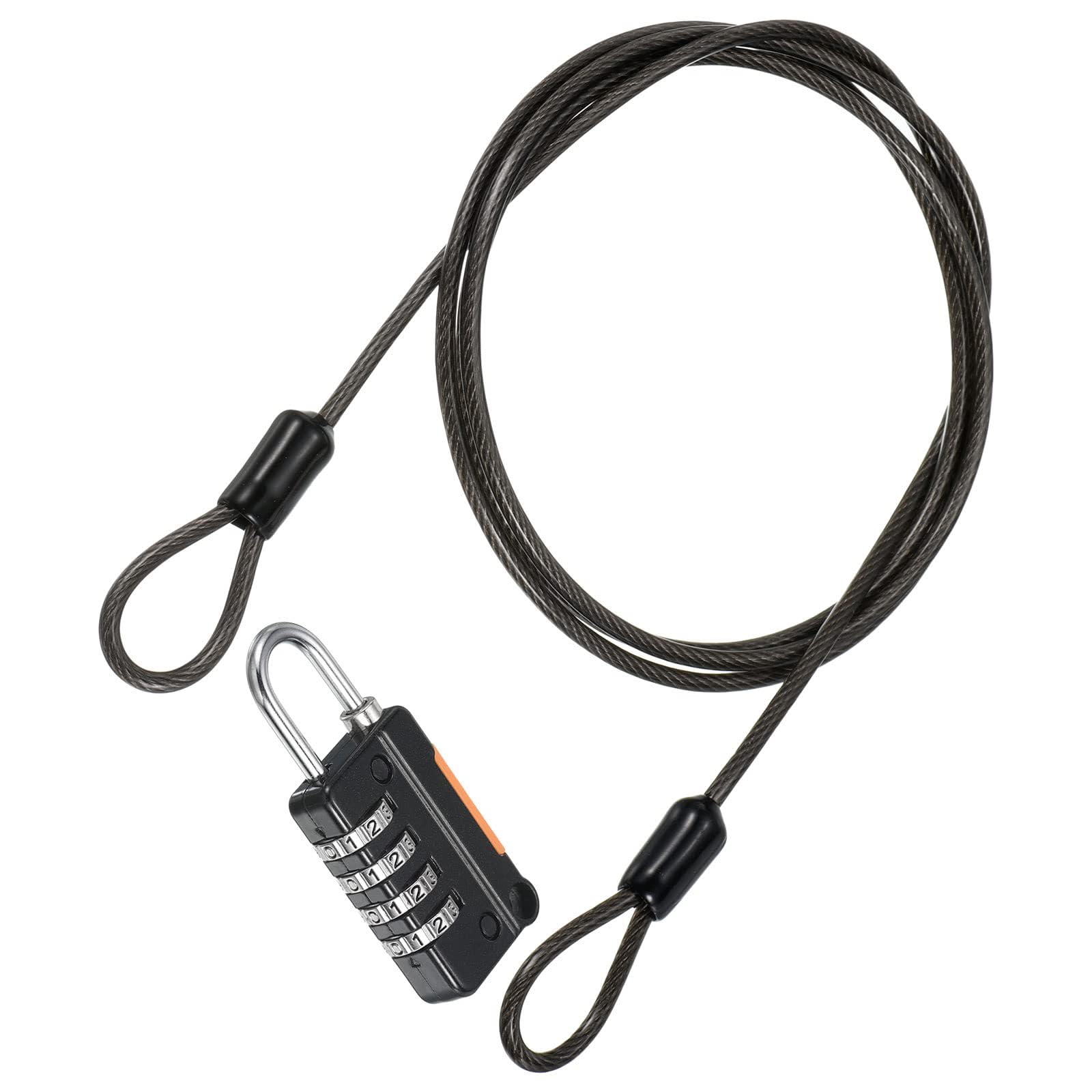 TA-VIGOR Security Steel Cable with 4 Digit Combination Lock, 3Ft Coated Safety Wire Rope Padlock with Double Loop