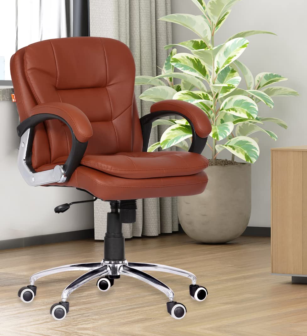 Da URBAN Kenzo Mid Back Revolving Leatherette Ergonomic Home & Office Executive Chair with High Comfort Seating, Height Adjustable Seat & Heavy Duty Metal Base (Tan)