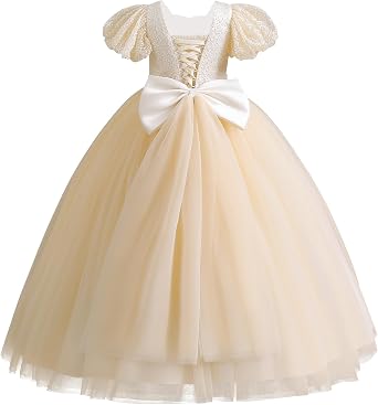 IDOPIP Flower Girl Sequin Lace-up Bow Dress for Kid Wedding Bridesmaid Pageant Party Formal Long Gown Communion Tulle Dresses