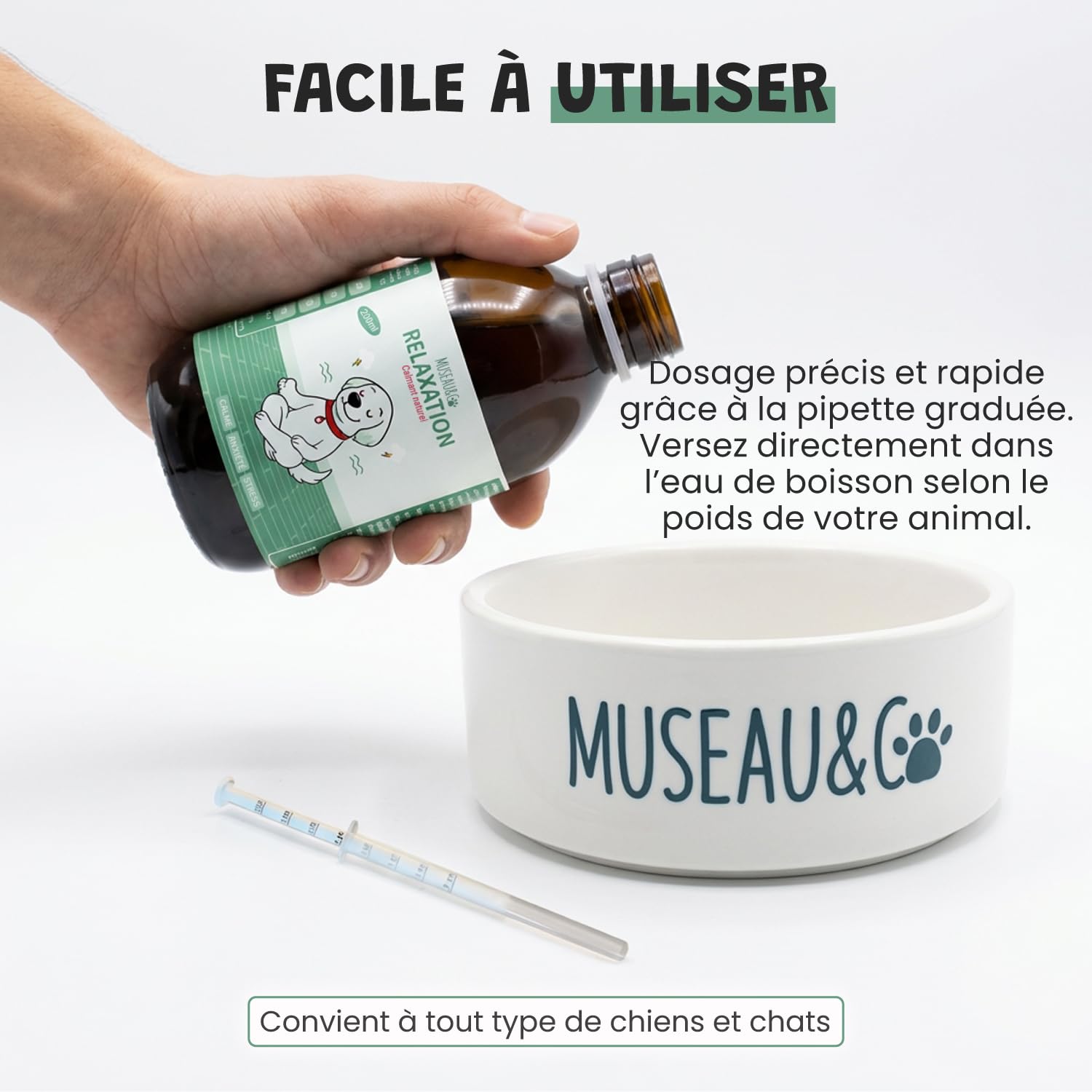 Museau & Co Anti-Stress Chien Chat - Complément Calmant Anxiété & Feux d'artifice - Valériane Passiflore Griffonia Houblon - Liquide Pipette - Formulé par des Vétérinaires - Fabriqué en France