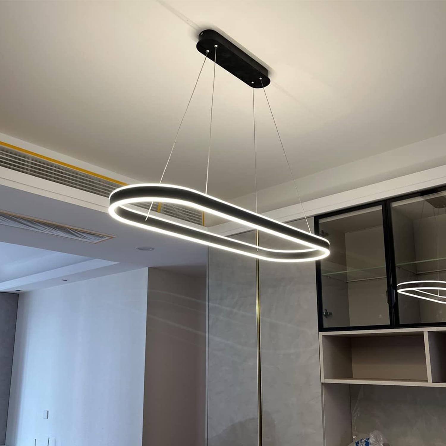Aleaty Modern Dimmable LED Chandelier Dining Table Pendant Lamp Oval Living Room Office Hanging Light with Remote Control Restaurant Ceiling Light Height Adjustable for Living Room (Black, 80cm)