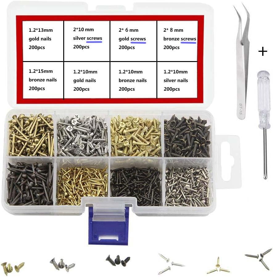 Image of 8 Different Sizes of Small Wooden Nails and Flat Tapping Screws Combination 1600pcs Contains a Tweezers & a screwdriver