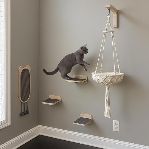 Cat Wall Shelves with Macrame Bed, 5-Piece