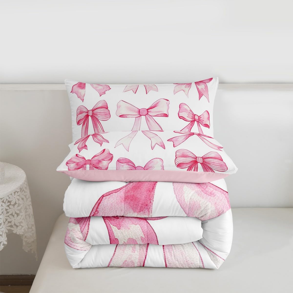 Homewish Kawaii uroczy zestaw pojedynczej kołdry z kokardą – dla dzieci nastolatków dorosłych, zestaw pościeli w stylu księżniczki, obraz olejny, kokarda, zestaw kołdry, nowoczesna estetyczna kołdra